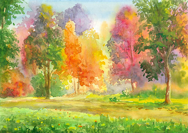 Colorful Park Colorful foliage in the autumn park, watercolour painting, my own artwork. watercolor painting landscapes stock illustrations