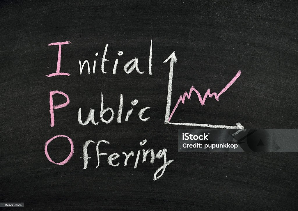 IPO in white on a black chalkboard ipo,stock exchange concept on blackboard Initial Public Offering Stock Photo