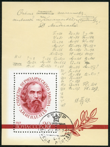 USSR 1969 A stamp printed in USSR shows Dmitri Ivanovich Mendeleev (1834-1907) and Formula with Author's Corrections, Century of the Periodic Law (classification of elements), formulated by Mendeleev, circa 1969