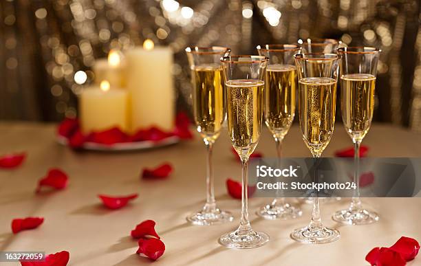 Gold Glitter Wedding Reception Setting With Champagne Stock Photo - Download Image Now
