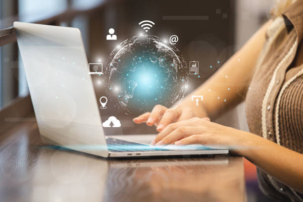 istock Global business connect concept. woman using laptop digital connection network communication, information analysis media management. man holding global with business network icons. 1632747762