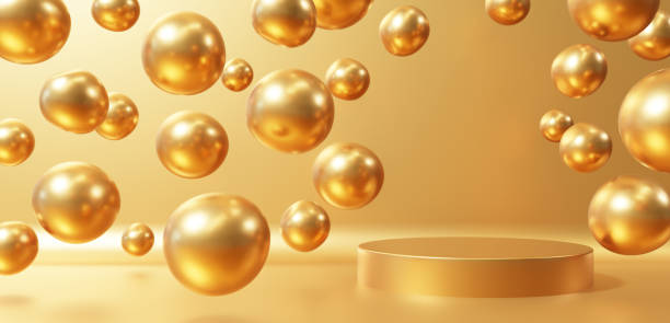 istock 3D Illustration.Pedestal on golden background. Golden sphere. (Horizontal) 1632749607