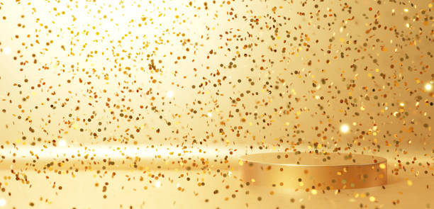 istock 3D Illustration.Pedestal on gold background. Circular confetti. (Horizontal) 1632749615