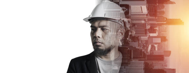 istock Double exposure image of man engineer overlay with building architecture cityscape. creation city concept. 1632758746