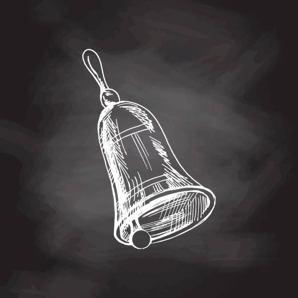 istock Vector hand-drawn school  supplies Illustration. Detailed retro style school bell sketch on chalkboard background. Back to School. 1632785346