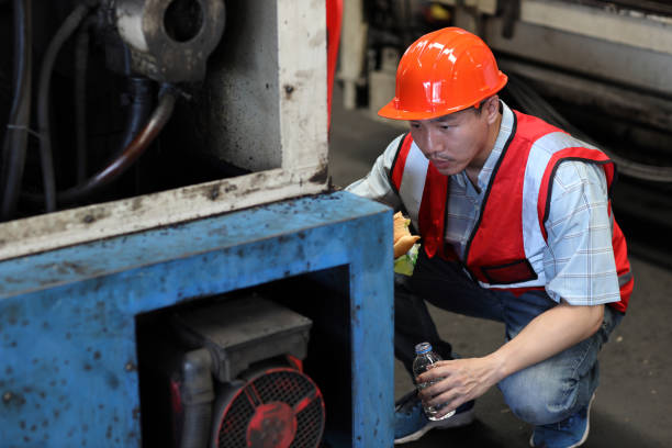 istock Asian technician engineer or worker man in protective uniform having lunch and eating sandwich and water at industry manufacturing factory 1632838022