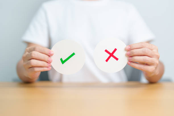 istock Woman show Wrong and Right symbol paper. True and false, accept and rejected, evaluation, Vote, Poll, Yes or No and Survey concepts 1632851026