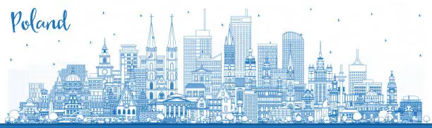 Vector illustration of Outline Poland City Skyline with Blue Buildings. Poland Cityscape with Landmarks.