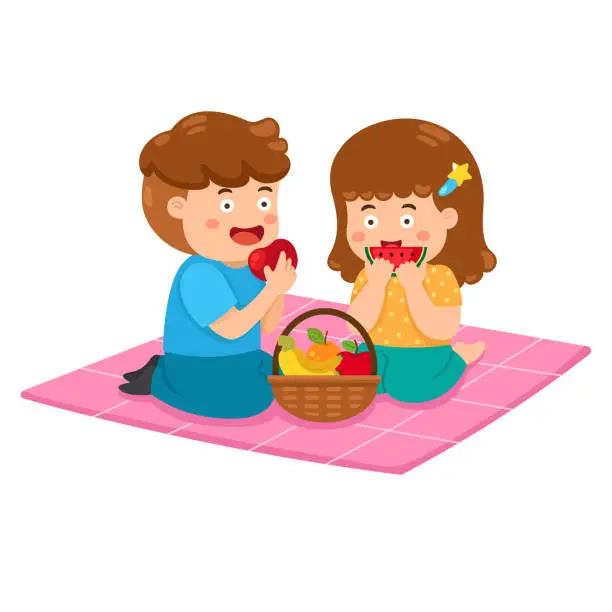 Vector illustration of illustration cartoon kid boy and girl picnic on the park