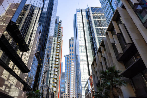 Modern office buildings, skyscrapers in city, Sydney NSW, background with copy space, full frame horizontal composition