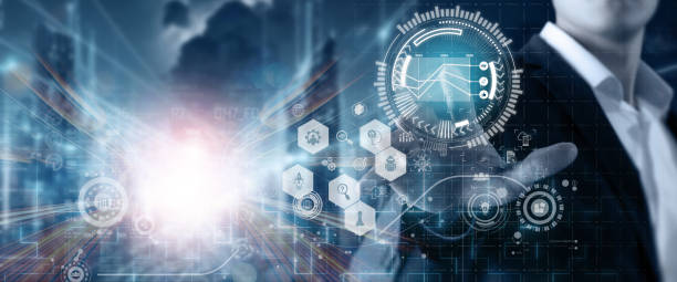 Businessman touch screen using AI for the big data analytics. Utilizing data driven decision making to improve performance. Business analytics (BA), business intelligence (BI), Data analytics concept. stock photo