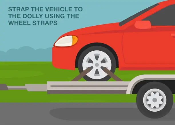 Vector illustration of Safe driving tips and traffic regulation rules. Open car hauler trailer with vehicle on it. Strap the vehicle to the dolly using the wheel straps. Close-up view.