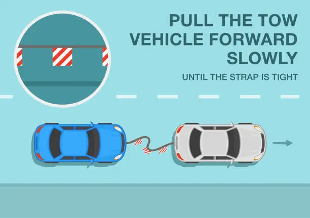 Vector illustration of Safe driving tips. Rules for towing vehicles. White car towing a broken down blue car on a flexible hitch. Pull the tow vehicle forward slowly until the strap is tight.