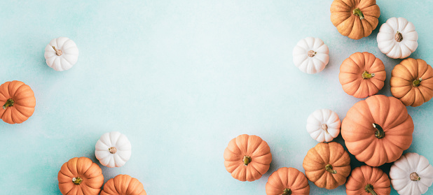 Small decorative pumpkins on turquoise background top view, flat lay. Autumn, Thanksgiving or Halloween background