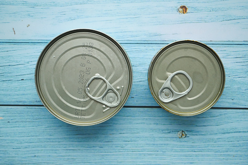 close up of a food can on white background