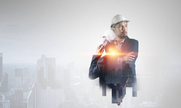 istock Double exposure image, Man engineer overlay with building architecture urban cityscape. Creation city and communication concept. 1632920578