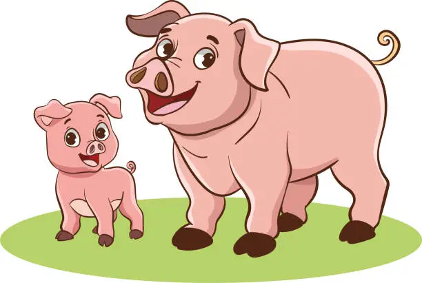 Vector illustration of vector illustration of mother pig and baby pig