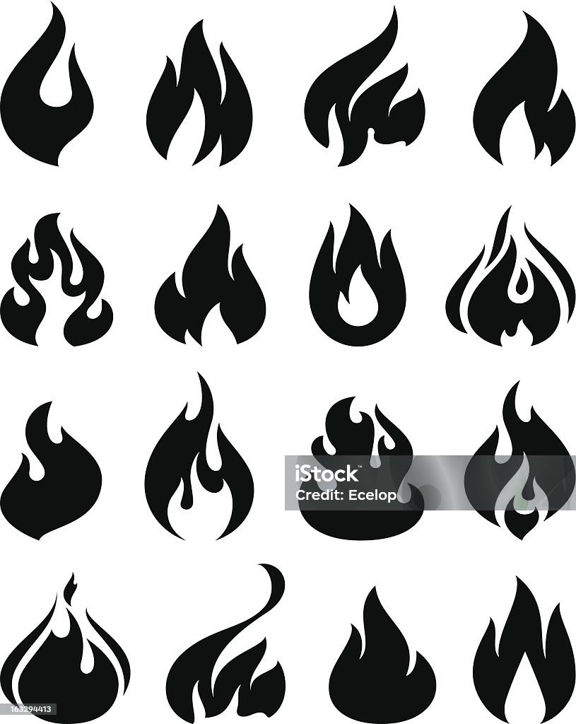 Set of black and white icons with flames Fire flames, set icons Flame stock vector