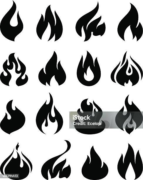 Set Of Black And White Icons With Flames Stock Illustration - Download Image Now - Flame, Fire - Natural Phenomenon, Black Color