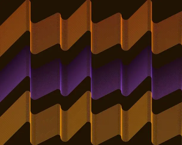 Vector illustration of Orange, yellow and purple wavy pattern on brown background. Wavy lines on brown. Illustration of the abstract orange, yellow and purple pattern. Halloween colors vector illustration.