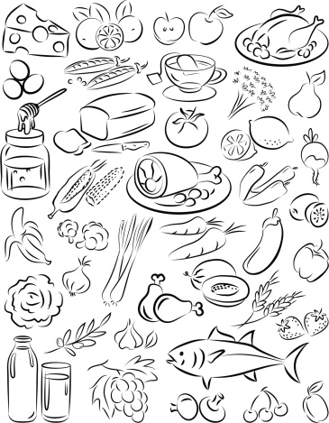 vector illustration of  healthy food collection in black and white