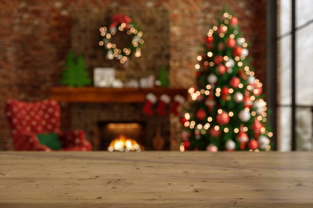 istock Empty Wooden Surface And Blurred Living Room Background With Christmas Decoration 1632956970