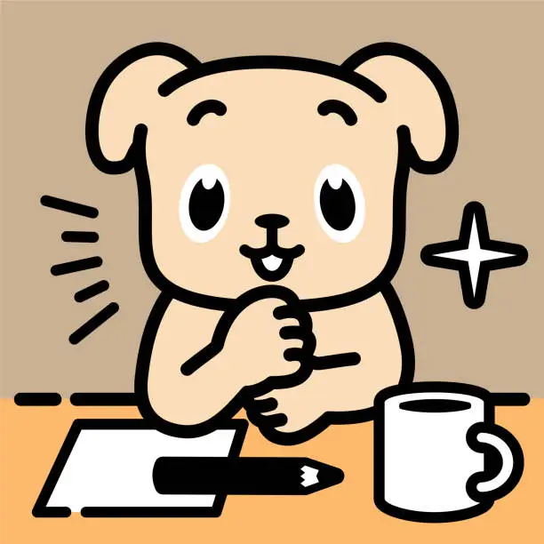 Vector illustration of A labrador retriever leaning on a table with a hand on the chin or slapping his fist against the palm of the other hand, Thinking, Get Ideas, Evaluating, Considering, and Making A Conclusion