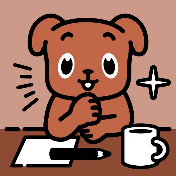 Vector illustration of A labrador retriever leaning on a table with a hand on the chin or slapping his fist against the palm of the other hand, Thinking, Get Ideas, Evaluating, Considering, and Making A Conclusion