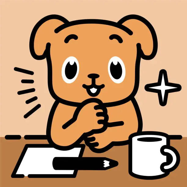 Vector illustration of A labrador retriever leaning on a table with a hand on the chin or slapping his fist against the palm of the other hand, Thinking, Get Ideas, Evaluating, Considering, and Making A Conclusion