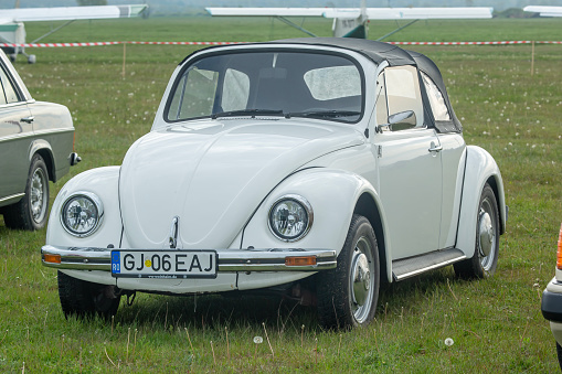 Targu-Jiu, Gorj, Romania - April 29, 2023: Vintage Volkswagen beetle 1300 at the exhibition at the Targu-Jiu air show, Romania