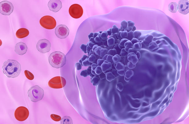 istock Acute myeloid leukemia AML cell in blood flow - super closeup view 3d illustration 1632998665