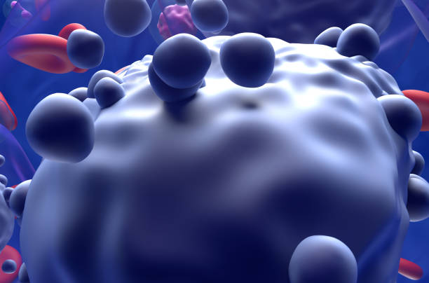 istock Acute myeloid leukemia (AML) cells in blood flow - extra closeup view 3d illustration 1632999231