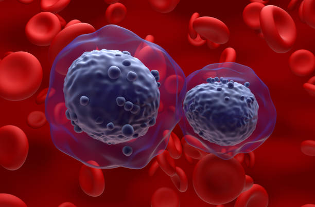 Acute myeloid leukemia (AML) cells in blood flow - closeup view 3d illustration stock photo
