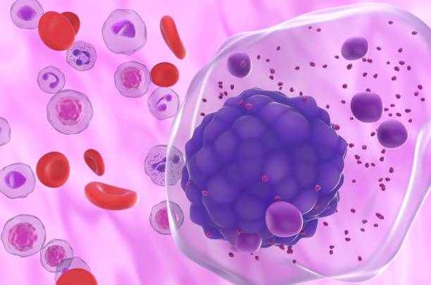 istock Multiple myeloma cell in the blood flow - super closeup view 3d illustration 1633001196