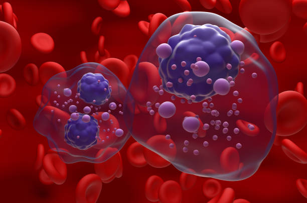 istock Multiple myeloma cells cluster in the blood flow - closeup view 3d illustration 1633001825