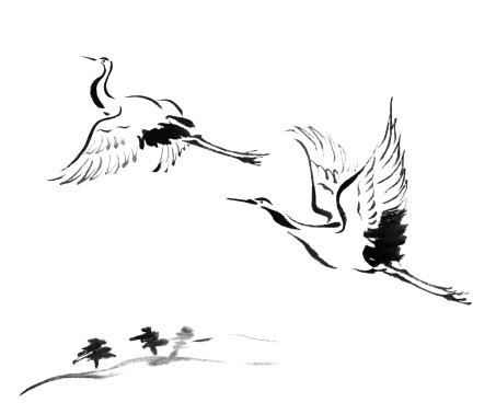 Chinese traditional ink painting cranes on white background.
