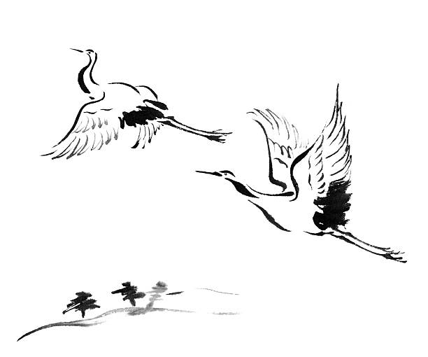 cranes Chinese traditional ink painting cranes on white background. calligraphy illustrations stock illustrations