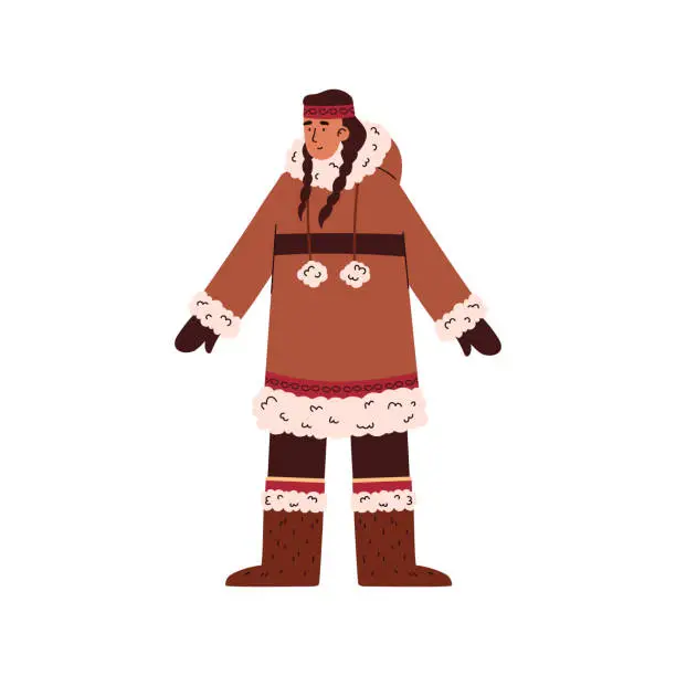 Vector illustration of North woman in traditional inuit clothing, vector brunette with pigtails in warm ethnic clothes made of wool and furs