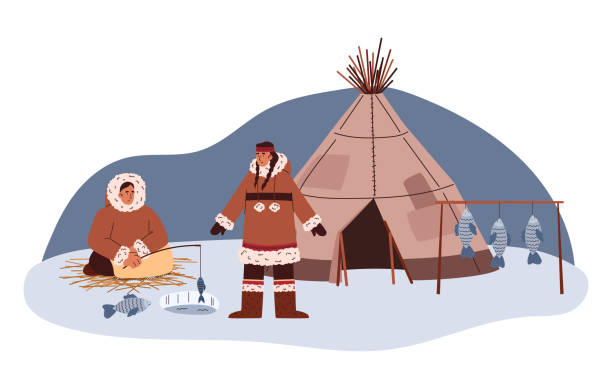 Arctic Inuit characters fishing near igloo, flat vector illustration isolated. Arctic Inuit characters fishing near igloo hut, cartoon flat vector illustration isolated on white background. Inuit native people family living traditional life. chukchi stock illustrations