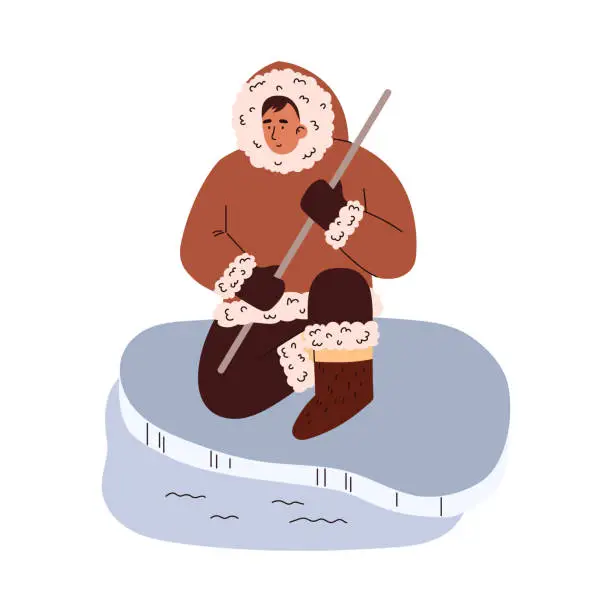 Vector illustration of Inuit sits on the ice and catches fish with fishing rod, north man gets food in arctic wild vector cartoon illustration