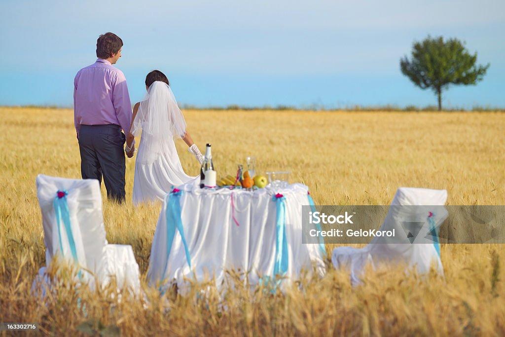 Mariée et le marié sur le champ de blé - Photo de Femme libre de droits
