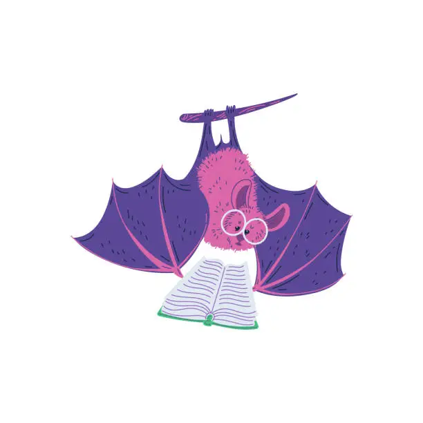 Vector illustration of Vector isolated illustration of bat hangs upside down on branch with glasses and book in paws, funny purple character