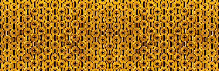 A pattern formed by the golden bicycle chain, panoramic full frame