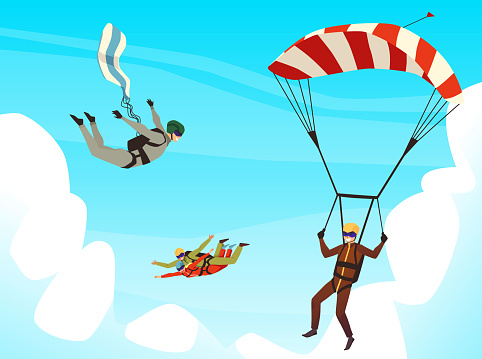 Happy people jumping with parachutes and skydiving in the clouds, flat vector illustration. Concepts of extreme sport, group and tandem jump. Professional parachutists in equipment.