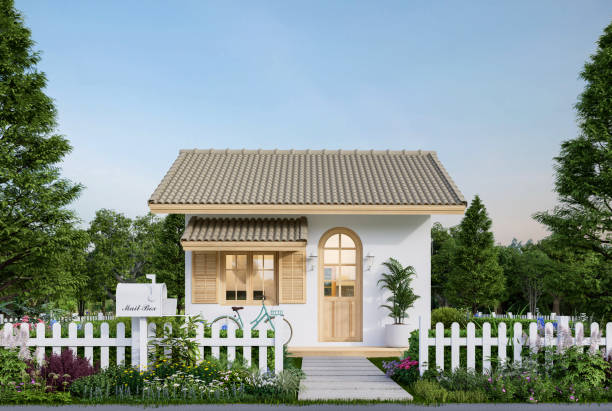 istock Modern contemporary cute tiny house exterior surrounded by nature 3d render 1633043863