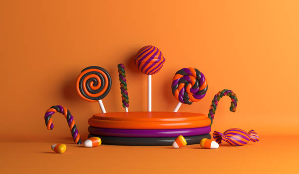 istock Happy Halloween display podium with lollipop candy, 3d rendering illustration 1633061862