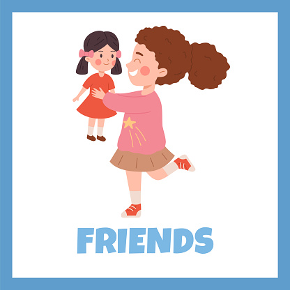 Squared banner about happy kid girl playing with favorite doll toy flat style, vector illustration isolated on blue background. Decorative design, childhood and friends, emotional character