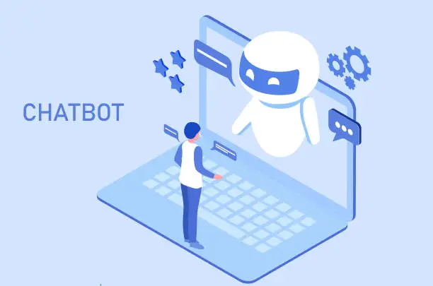 Vector illustration of Chatbot technology concept, couple chatting with robot, asking questions and receiving answers. AI assistant support vector illustration