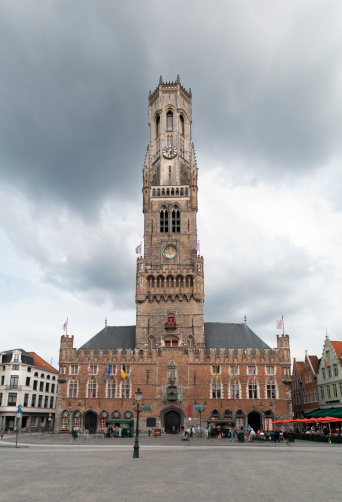 Panoramic image stitched from four pictures of the town hall of the picturesque city of Bruges. For more than six centuries Bruges has been governed from its 14th-century city hall, one of the oldest and most venerable in the Low Countries. Bruges is a famous tourist destination. Bruges, Belgium.