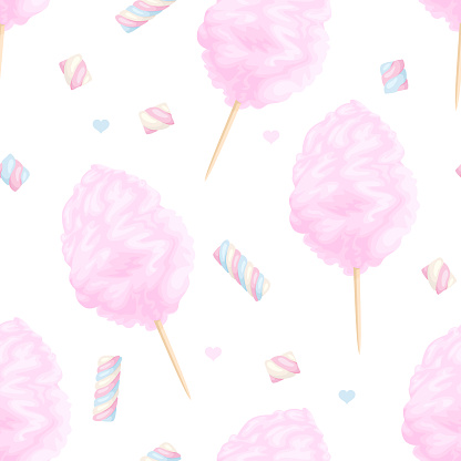 Pink cotton candy and marshmallows on white background. Seamless pattern with sweets. Vector cartoon illustration.